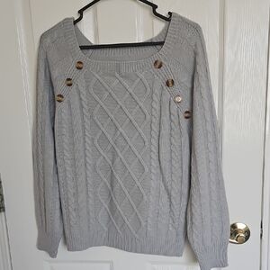 Gray Cable Knit Sweater with Button Accents